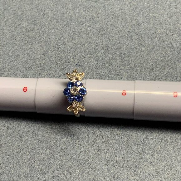 Adjustable Flower Ring Size 7+ Silver Blue Rhinestone Sparkly Leaves Bling Glam - Picture 4 of 5